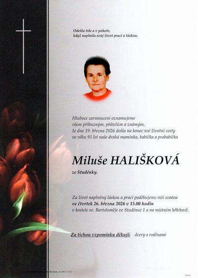 Smuteční oznámení – Miluše Hališková