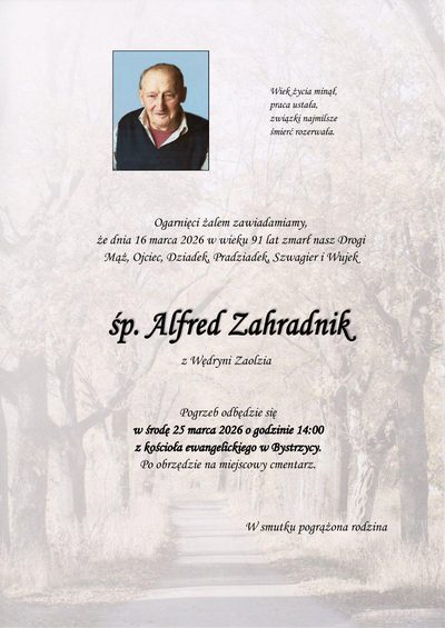 Smuteční oznámení – Alfred Zahradník