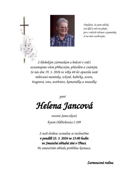 Smuteční oznámení – Helena Jancová
