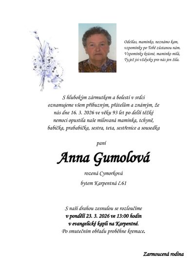 Smuteční oznámení – Anna Gumolová