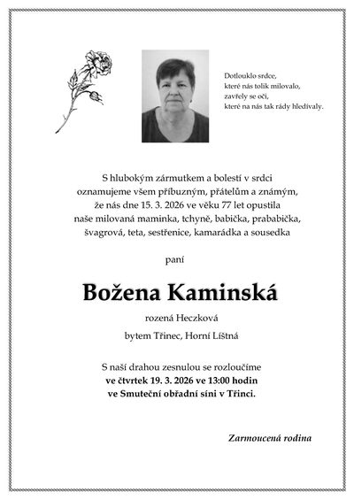 Smuteční oznámení – Božena Kaminská