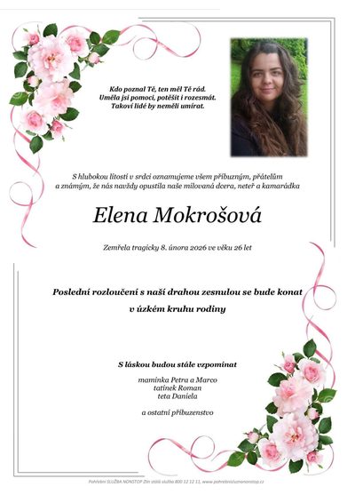 Smuteční oznámení – Elena Mokrošová