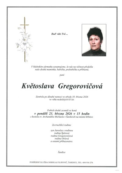 Smuteční oznámení – Květoslava Gregorovičová