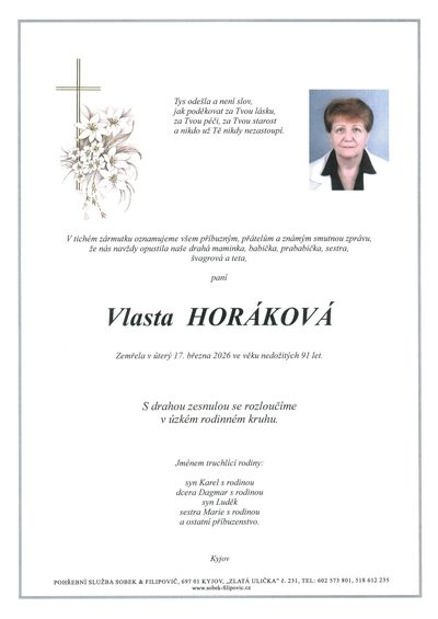 Smuteční oznámení – Vlasta Horáková