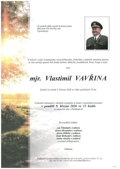 Smuteční oznámení – mjr. Vlastimil Vavřina
