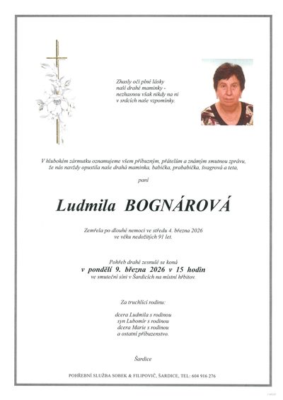 Smuteční oznámení – Ludmila Bognárová