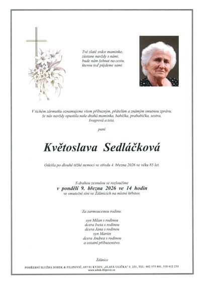 Smuteční oznámení – Květoslava Sedláčková