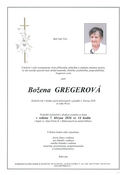 Smuteční oznámení – Božena Gregerová