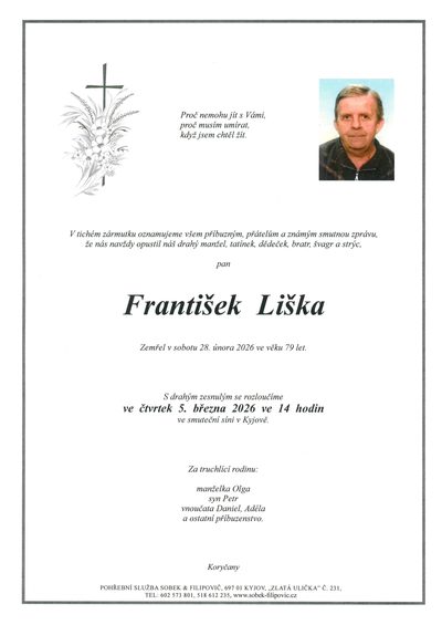 Smuteční oznámení – František Liška