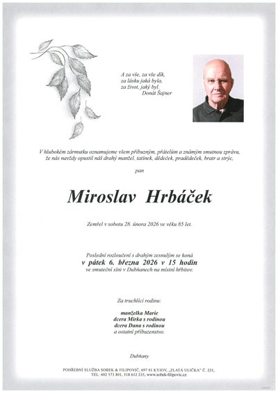 Smuteční oznámení – Miroslav Hrbáček