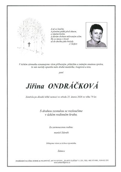 Smuteční oznámení – Jiřina Ondráčková
