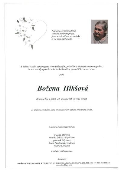 Smuteční oznámení – Božena Hikšová