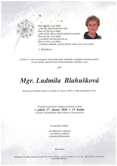 Smuteční oznámení – Ludmila Blahušková