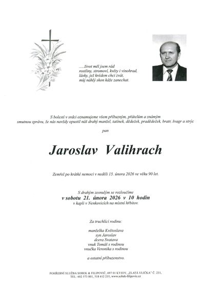 Smuteční oznámení – Jaroslav Valihrach