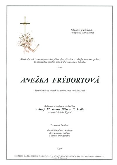 Smuteční oznámení – Anežka Frýbortová