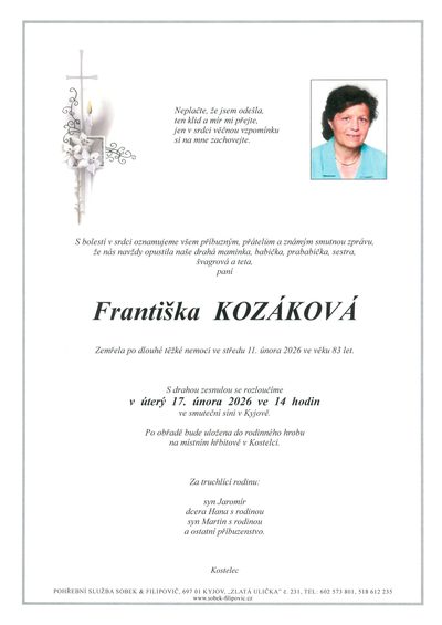 Smuteční oznámení – Františka Kozáková