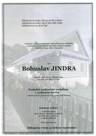 Smuteční oznámení – Bohuslav Jindra