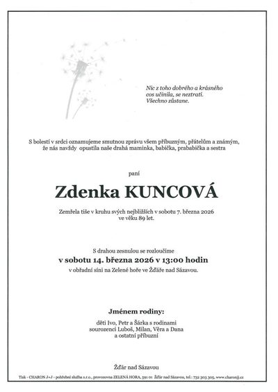 Smuteční oznámení – Zdenka Kuncová