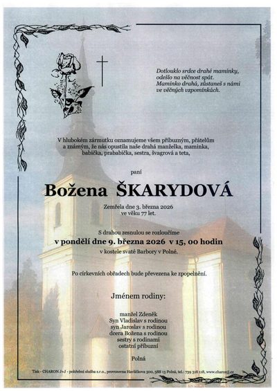 Smuteční oznámení – Božena Škarydová