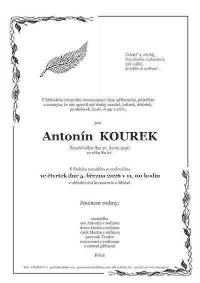 Smuteční oznámení – Antonín Kourek