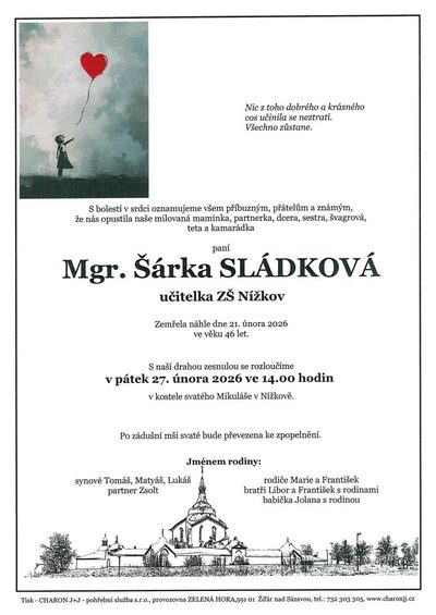 Smuteční oznámení – Šárka Sládková