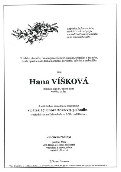Smuteční oznámení – Hana Víšková