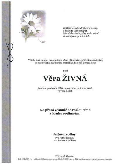 Smuteční oznámení – Věra Živná