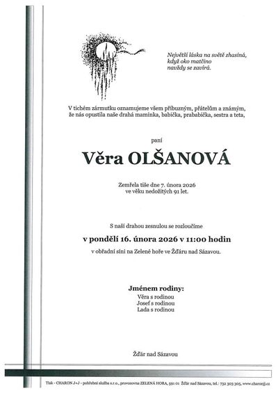 Smuteční oznámení – Věra Olšanová