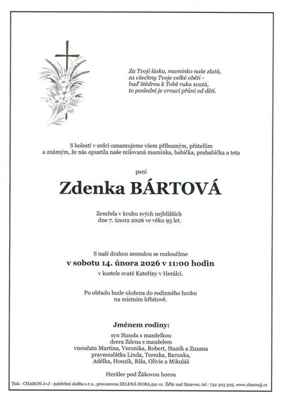 Smuteční oznámení – Zdenka Bártová