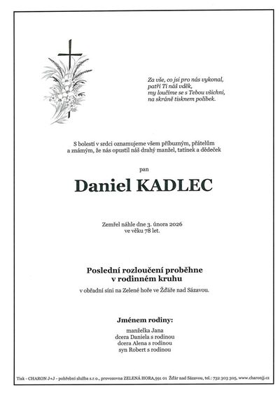 Smuteční oznámení – Daniel Kadlec
