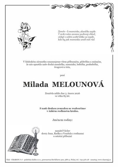 Smuteční oznámení – Milada Melounová