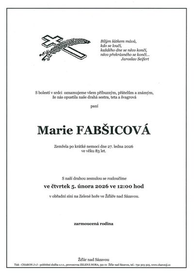 Smuteční oznámení – Marie Fabšicová