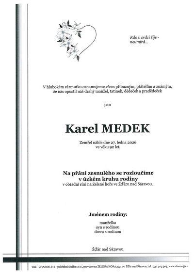 Smuteční oznámení – Karel Medek