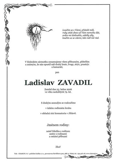 Smuteční oznámení – Ladislav Zavadil