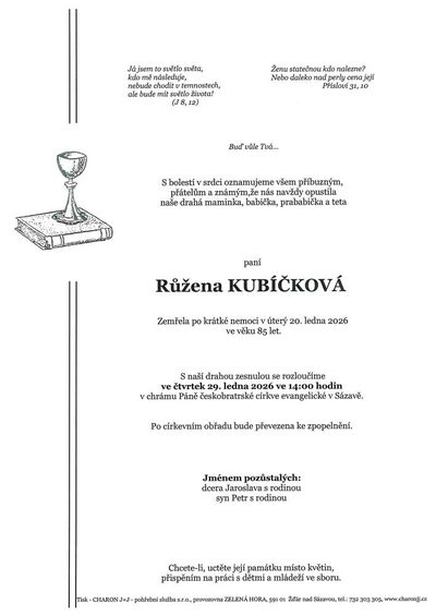 Smuteční oznámení – Růžena Kubíčková