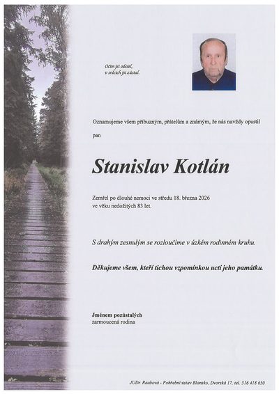 Smuteční oznámení – Stanislav Kotlán