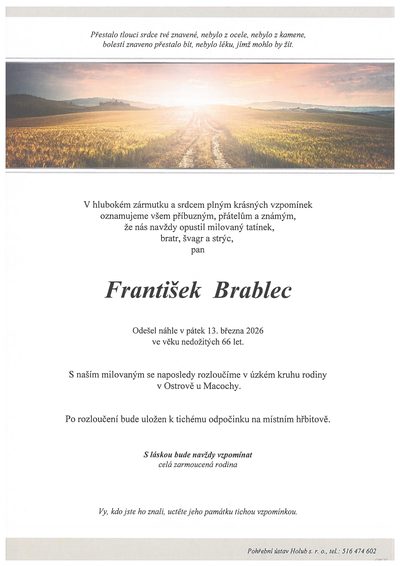 Smuteční oznámení – František Brablec