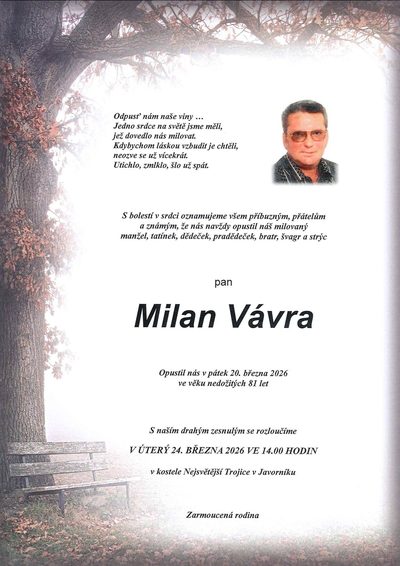 Smuteční oznámení – Milan Vávra