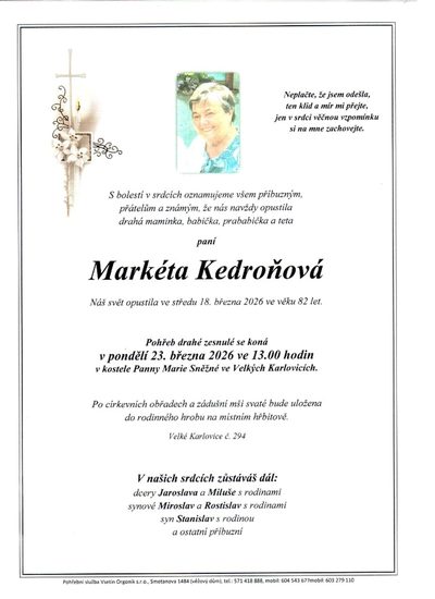 Smuteční oznámení – Markéta Kedroňová
