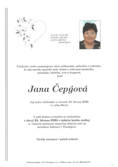 Smuteční oznámení – Jana Čepýová
