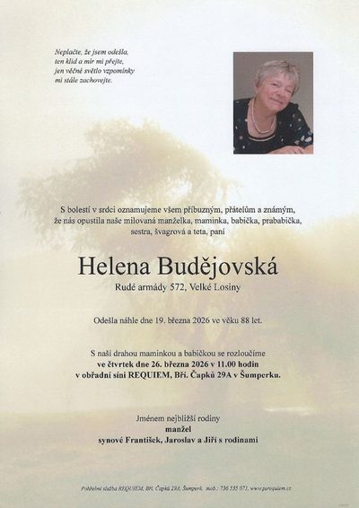 Smuteční oznámení – Helena Budějovská