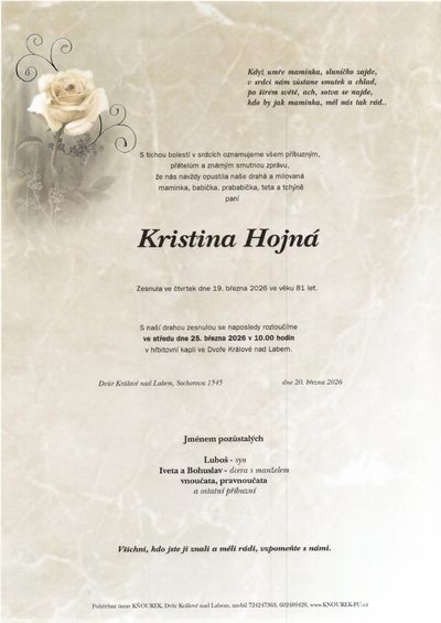 Smuteční oznámení – Kristina Hojná