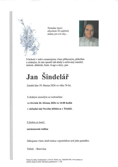 Smuteční oznámení – Jan Šindelář