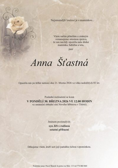Smuteční oznámení – Anna Šťastná