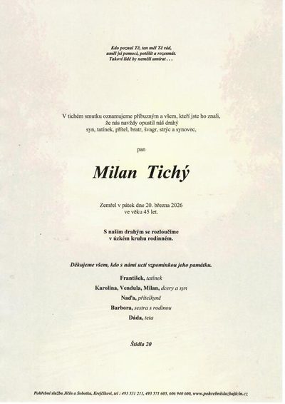 Smuteční oznámení – Milan Tichý