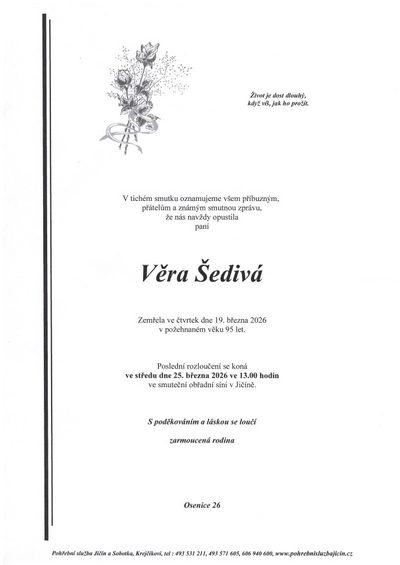 Smuteční oznámení – Věra Šedivá