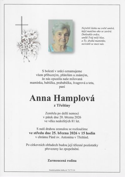 Smuteční oznámení – Anna Hamplová