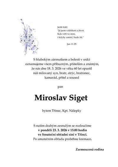 Smuteční oznámení – Miroslav Siget