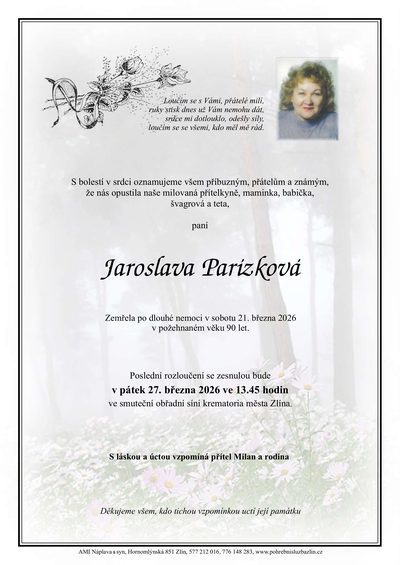 Smuteční oznámení – Jaroslava Parízková