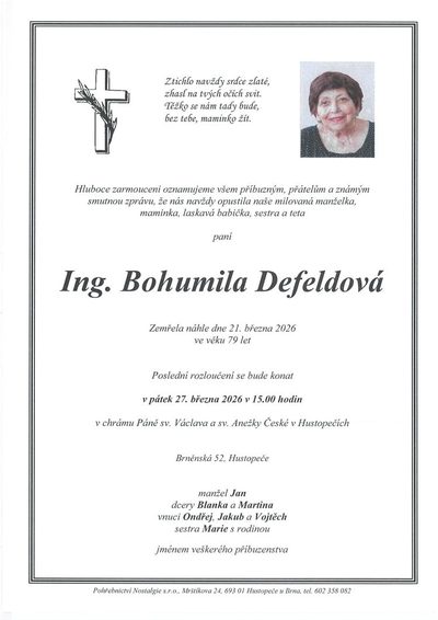 Smuteční oznámení – Defeldová Bohumila Ing.